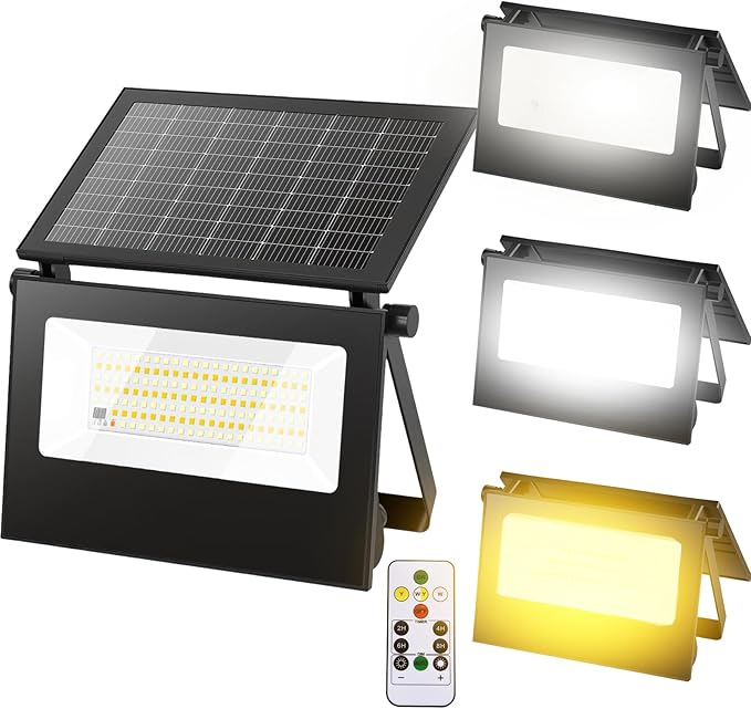Solar Motion Lights Outdoor, Dual Color Temperature 3-Mode Lighting Wall Spotlight with Remote Control,IP66 Security Flood Light Outdoor Waterproof,Solar Floodlights for Patio Garden Garage, 4 Pack