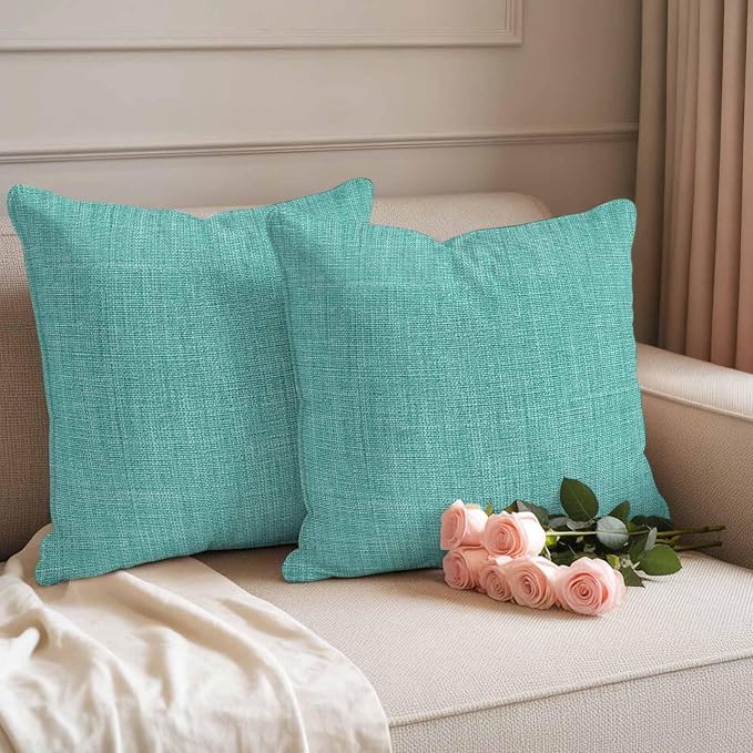 Outdoor Waterproof Throw Pillow Covers Set of 2 Turquoise Linen Pillowcases 18x18 Inches Farmhouse Pure Color Decorative Pillows Cushion Case Patio Pillows for Couch Bed Chair Garden