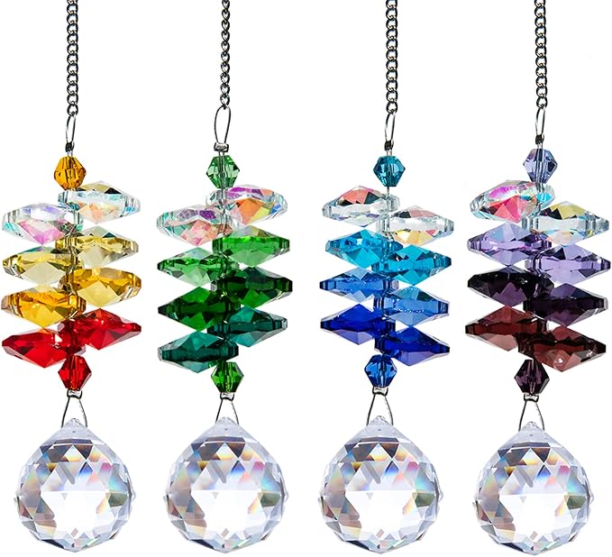 4PCS Crystal Prisms Suncatchers Hanging Sun Catchers for Window Indoor | Rainbow Maker Suncatchers Crystals Ball Prism Chakra Octagon Bead Decor For Home Garden,10.5inch,Christmas Tree Decorations
