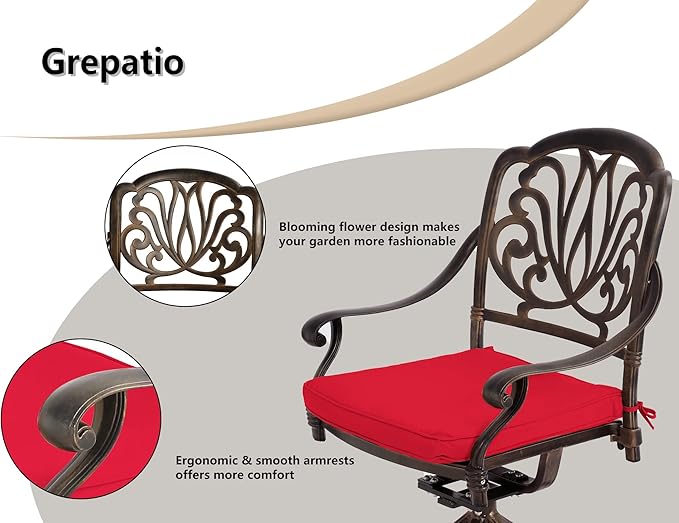 Grepatio 5 Piece Outdoor Dining Set Cast Aluminum Patio Dining Set Table and Chairs Outside Furniture 4 Swivel Chairs with Cushion and 1 Umbrella Round Dining Table for Lawn Garden Patio (Red)