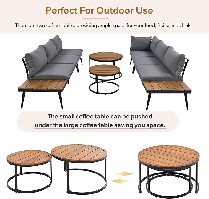 6-Piece Metal Outdoor Sectional Sofa Set with Round Nesting Coffee Tables, L-Shaped Patio Furniture Set Seating Sofa with Cushions for Patio, Porch and Garden, Gray