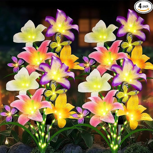 Solar Lights Outdoor, Gift for Women Mom Grandma Wife, 4 Pack 16 Solar Lily Flower Lights With 8 Butterfly Decor, Solar Flower Lights Waterproof Outside Decor Stake Light for Landscape Yard Patio Lawn