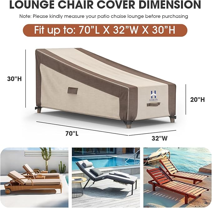 HAMLER Lounge Chair Cover, Heavy Duty Chaise Lounge Covers Outdoor Waterproof, Outdoor Furniture Covers for Patio Furniture Fits up to 70L x 32W x 30H Inch，Brown & Beige