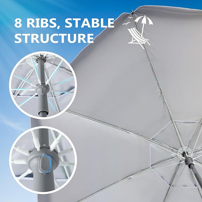 wikiwiki 7ft Beach Umbrella with Sand Anchor & Tilt, UPF 50+ Protection Beach Umbrellas for Sand, with Carry Bag and Hook, for Patio Garden Pool, Dark Blue