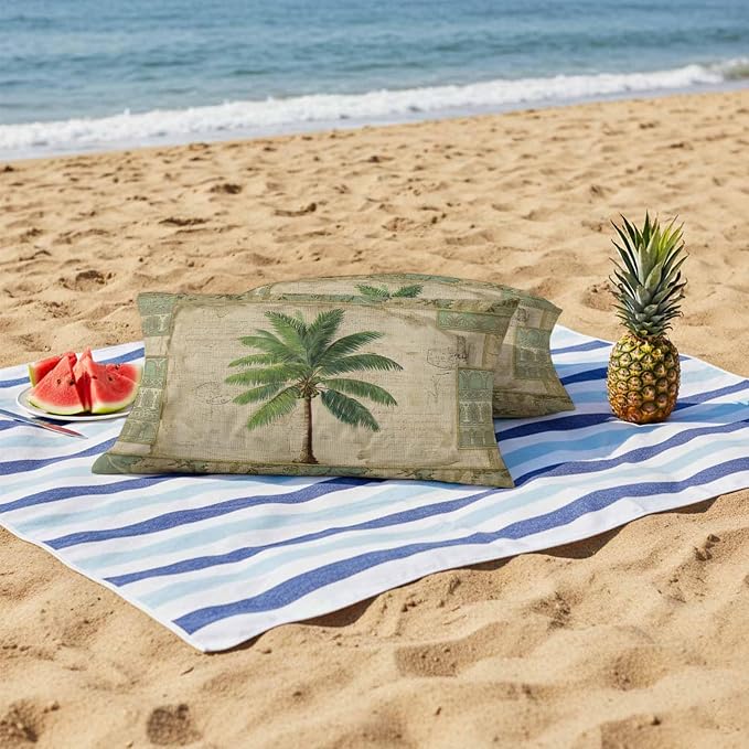 Summer Palm Trees Outdoor Pillow Covers 20"x12" Set of 2, Green Tropical Leaves Retro Boho Vintage Texture Waterproof Throw Pillow Covers for Patio Furniture, Decorative Cushion Covers for Porch