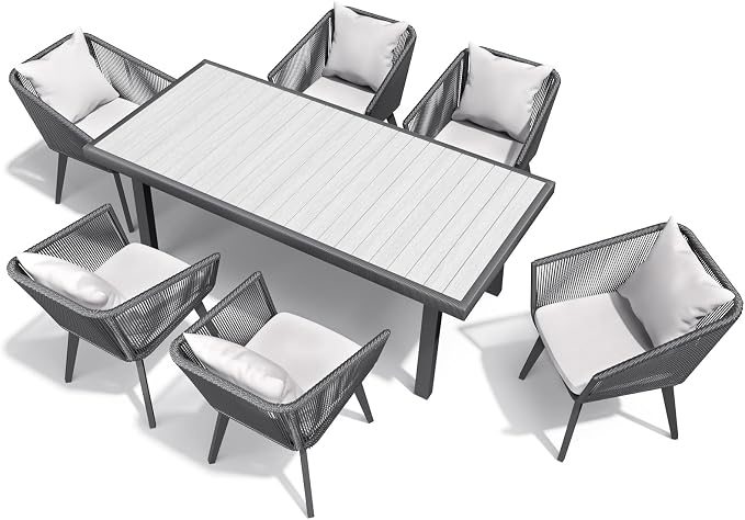 Astomi 7 Pieces Outdoor Patio Dining Set, Rattan Patio Furniture Table and Chairs for 6 with Cushion, for Backyard, Balcony, Garden (Dark Grey)