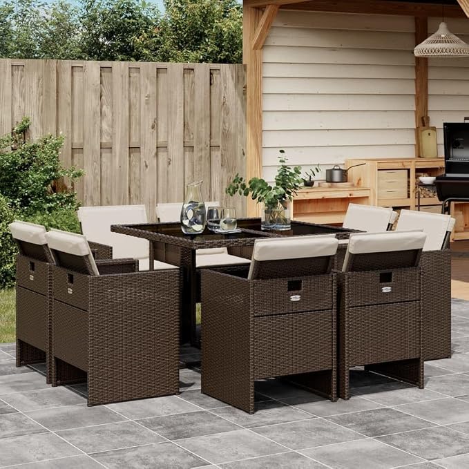 9-Piece Patio Dining Set with Cushions Brown and Black PE Rattan Outdoor Furniture Set for Garden Backyard Balcony Porch, Foldable Chairs with Tempered Glass Table