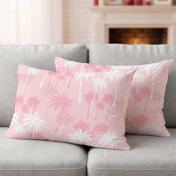 Lumbar Pillow Covers 20x12 Inch Set of 2, Tropical Palm Tree Waterproof Outdoor Pillow Covers, Pink White Plants Coastal Leaf Beach Decorative Cushion Pillowcases for Couch, Sofa, Bed, Garden, Patio
