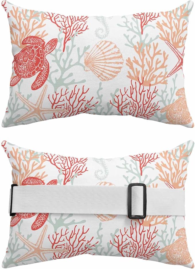 Lumbar Pillow Covers Set of 2, Red Orange Coastal Waterproof Outdoor Chaise Lounge Pillow Covers with Elastic Strap, Sea Turtle Nautical Coral Summer Beach Headrest Pillowcase for Patio, 12 x 20