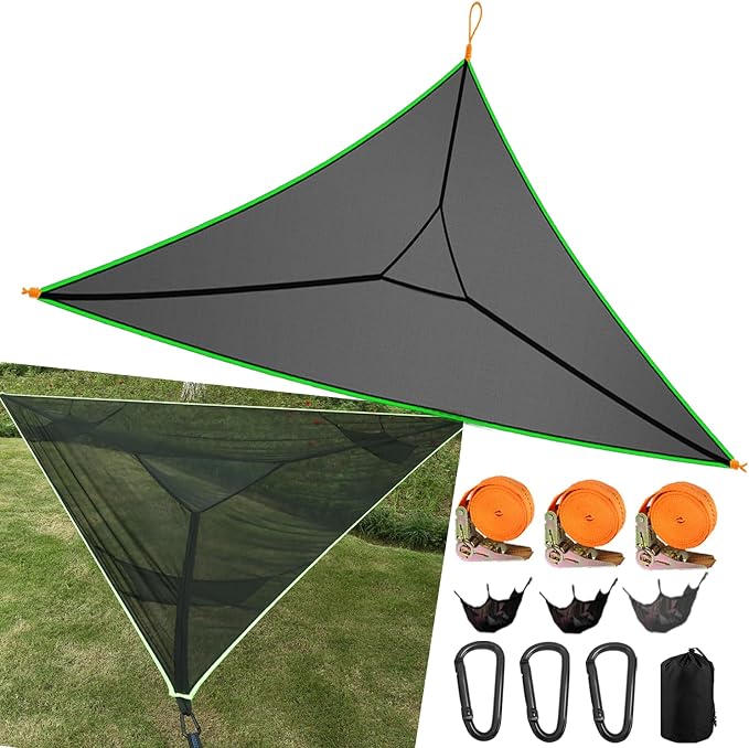 Triangle Hammock 13Ft Multi Person 3 Point Tree Hammock,Max 600LBs Extra Large Sky Camping Hammock for up to 2-4 Adults/Kids with 3 Ratchets/Straps/Net Pockets/Carabiners and Storage Bags-Black ﻿