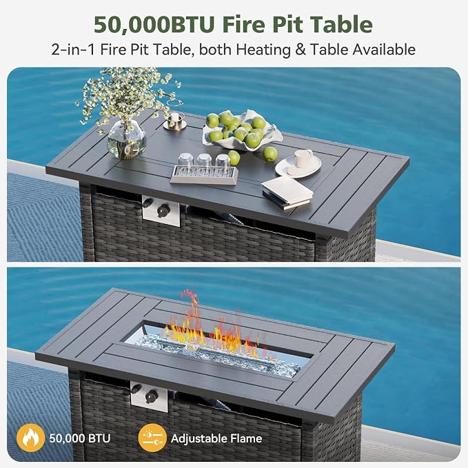 Aoxun 14 Piece Outdoor Patio Furniture Set with 44'' Fire Pit Table, Wicker Rattan Outdoor Furniture with High Back Swivel Rocker Chairs, Outdoor Sofa Set with Thick Cushion & Side Table, Navy Blue