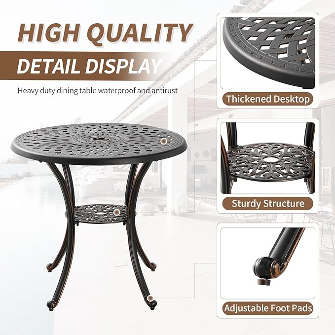 3 Piece Outdoor Dining Set,Cast Aluminum Bistro Set with Umbrella Hole, All Weather Patio Furniture Set, Small Patio Dining Set for Garden/Balcony/Deck, Bronze (Woven Backrest)