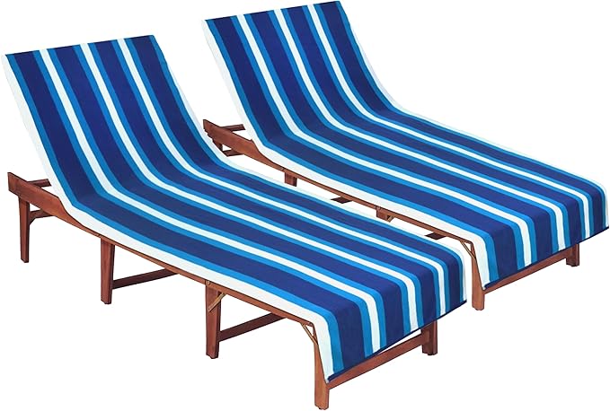 COTTON CRAFT Pool Lounge Chair Cover - 2 Pack - Soft Absorbent 100% Cotton Stripe Dobby Terry Towel Chaise Lounge Beach Chair Cover - Oversized 32 W x 82 Length x 7 inch Pocket – Blue