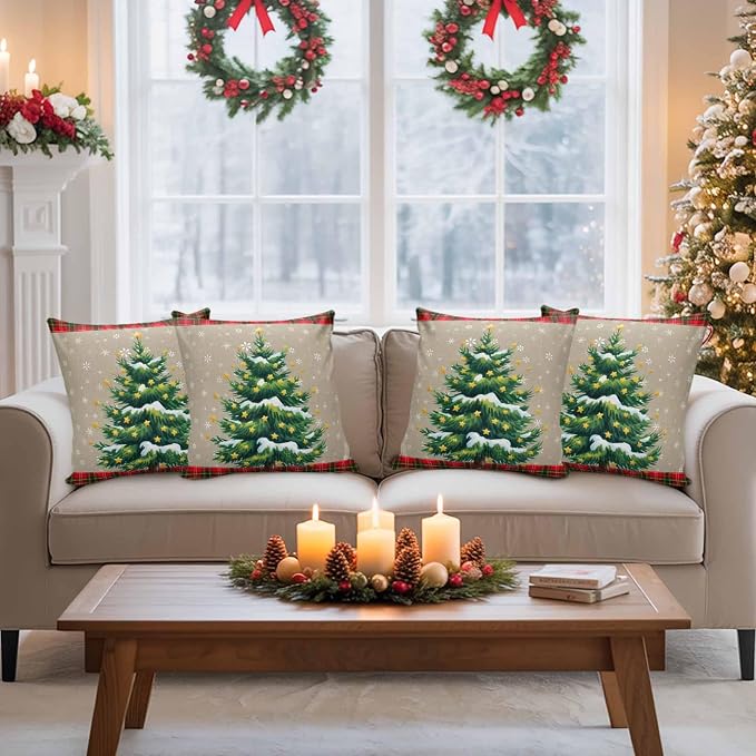 Outdoor Waterproof Throw Pillow Covers, Christmas Trees Winter Snowflake Green Red Tartan Plaid Vintage Burlap Pattern Pillowcases Cushion Covers Cases for Patio Couch Bench, Pack of 2, 20X12 Inch