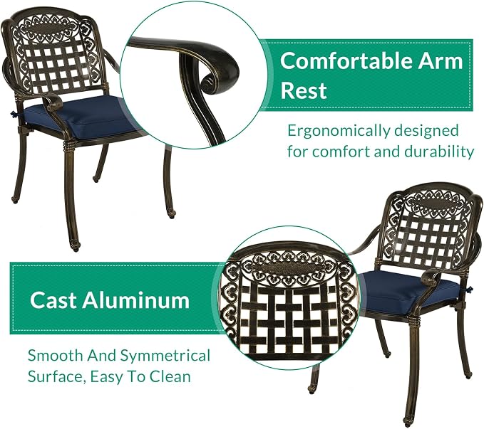 VIVIJASON 3-Piece Outdoor Patio Bistro Set, All-Weather Cast Aluminum Furniture Dining Sets Include 2 Cushioned Chairs and 35.4" Round Table w/Umbrella Hole for Balcony, Garden, Navy Blue Cushion