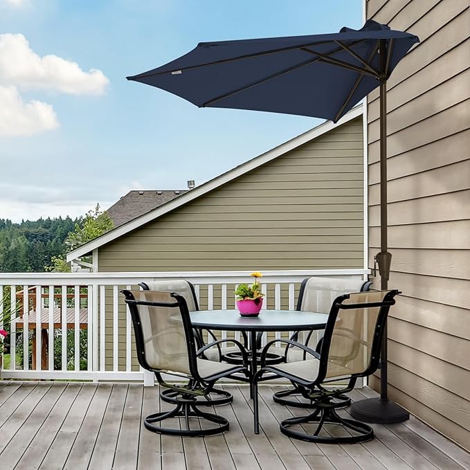 JEAREY 9ft Half Umbrella Outdoor Patio Umbrella Market Umbrella with Crank, 1/2 Round Wall Umbrella 5 Sturdy Ribs UV Protection for Pool Garden Balcony Deck, Purplish Blue