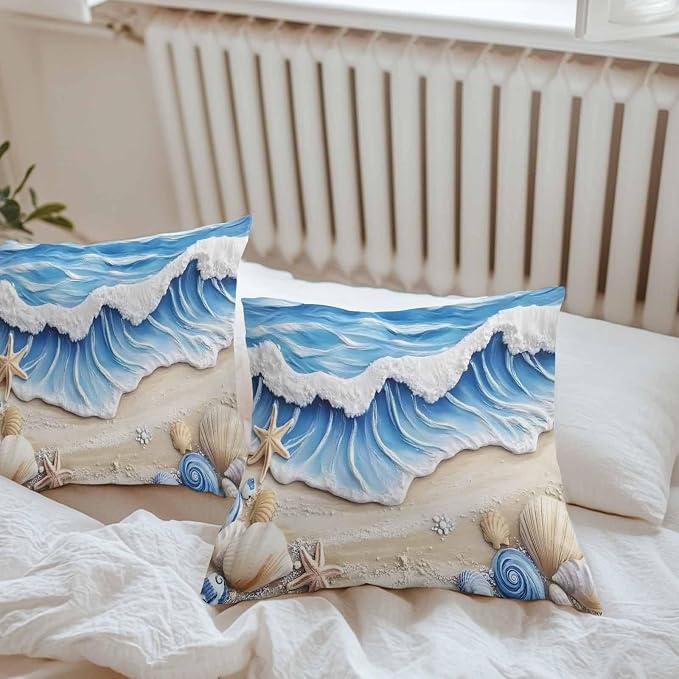 Coastal Beach Waterproof Outdoor Pillow Covers Set of 2 Home Decor, Blue Ocean Starfish Shell Seashore Sand Pillowcase Patio Pillow Covers for Couch Bench Furniture Garden 24x24in