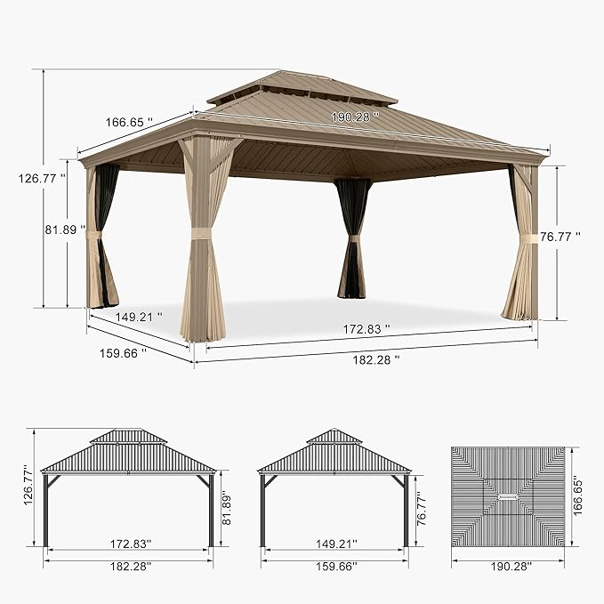 PURPLE LEAF Outdoor Gazebo 14'X16'，Champagne Hardtop Gazebo with Galvanized Steel Double Roof, Permanent Patio Gazebo with Curtains and Netting for Patio Lawn Garden and Deck