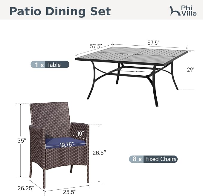 PHI VILLA 9 Pieces Square Outdoor Dining Set for 8, 57” Metal Iron Dining Table & Rattan Wicker Chairs with Cushions, Large Dining Furniture Set for Patio, Deck, Yard, Porch