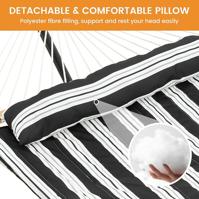 Lazy Daze Hammocks 2 Person Hammock Pad and Pillow Set, Double Polyester Quilted 78" x55" Replacement Pad for Rope Hammock, Black Stripes
