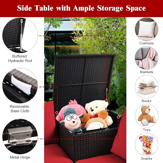 Tangkula 8 Piece Wicker Patio Set with Storage, All Weather-Proof Outdoor Conversation Set, with Loveseat, Glass Top Coffee Table & Storage Box, Suitable for Garden, Poolside, Sunroom (2, Red)