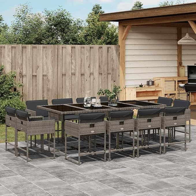 13 Piece Patio Dining Set with Cushions Gray Poly Rattan Outdoor Furniture Table and Chairs for Garden Backyard Balcony UV Proof Folding Storage Removable Washable Covers Tempered Glass Top