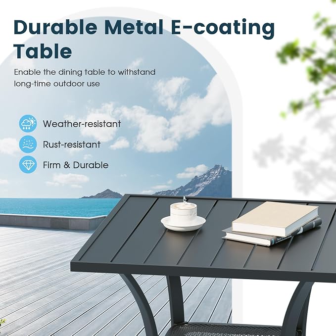 3 Pieces Outdoor Patio Dining Bar Set, 27.6" All Weather Square Metal Slatted Table with Storage Shelf and 2 High Back Textilene Swivel Chairs for Garden, Lawn, Black