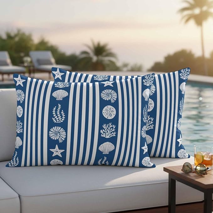 Striped Outdoor Waterproof Throw Pillow Covers Set of 2, 20"x12", Ocean Navy Blue Starfish Shell Jellyfish Coral Decorative Pillow Covers Outside Cushion Case for Patio Porch Garden