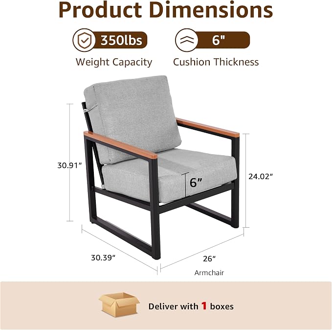 NATURAL EXPRESSIONS Aluminum Outdoor Furniture Armchair, Patio Chairs Set of 2 with Fauxwood Armrest, 6" Olefin Cushion, All-Weather Outside Chair for Porch, Yard, Balcony, Deck