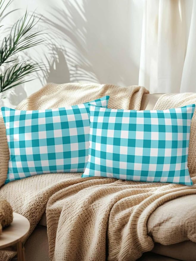 Waterproof Outdoor Pillow Set of 2 Turquoise Buffalo Plaid Decorative Throw Pillows Cover & Insert 20x12 Inch Lumbar Pillowcase Check Lines Pillows for Couch Sofa Bed Patio Furniture Indoor Outdoor