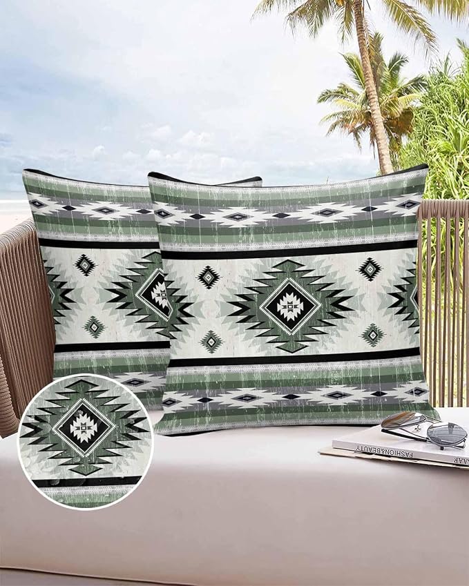 Outdoor Waterproof Throw Pillow Covers Set of 2 Sage Green Boho Aztec Pillowcases 26x26 Inches Southwest Tribal Geometric Patio Decorative Pillows Cushion Case Patio Pillows for Couch Bed Chair Garden