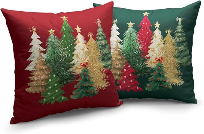 Green and Red Xmas Pillow Covers Set of 2 Colorful Christmas Tree Pillow Case 16x16 Winter Holiday Throw Pillow Cases Cotton Linen Cushion Case for Couch Sofa Home Decor