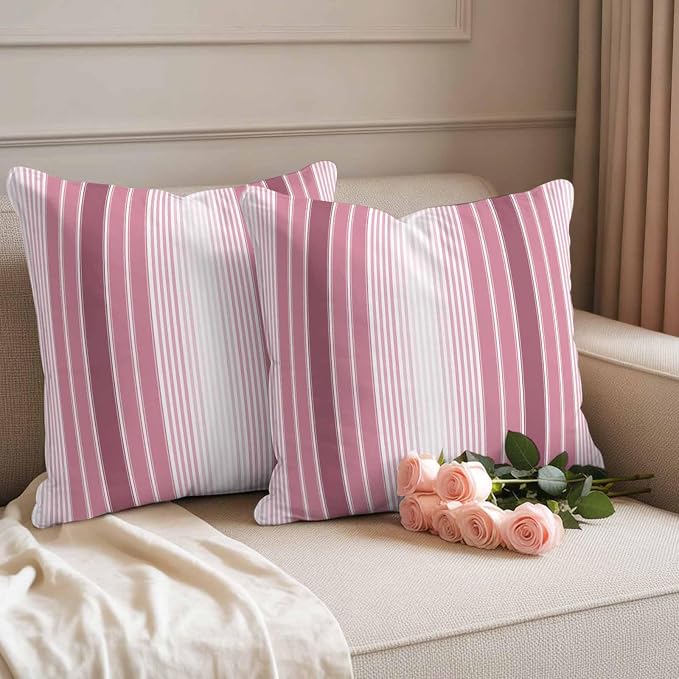 Outdoor Waterproof Throw Pillow Cover, Farmhouse Watercolor Pink Gradient Line Decorative Pillows Cushion Covers, Rustic Ombre Striped 2 Pack Pillow Cases for Patio Garden Balcony Couch Sofa 24x24in