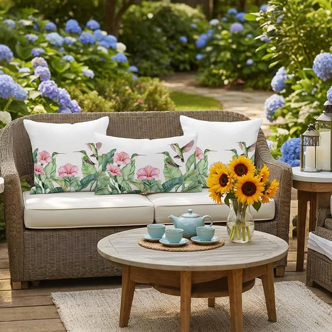 Tropical Plants Waterproof Outdoor Pillow Covers Set of 2 Home Decor, Summer Spring Flowers Palm Leaves Birds Pillowcase Patio Pillow Covers for Couch Bench Furniture Garden 16x16in