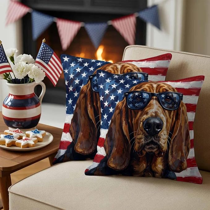 Outdoor Pillow Covers Waterproof Pillow Cases Protector Independence Day USA Flag Pillowcase Pack of 2 Basset Hound Patriotic Sunglasses Throw Cushion Case for Pation Furniture,Couch,Sofa,18X18IN