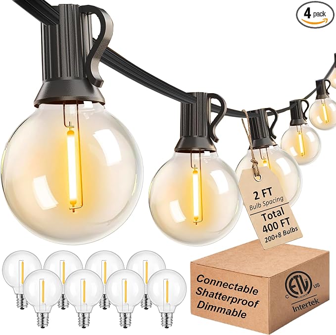 Outdoor String Lights Waterproof 400FT Outside Patio Lights for Bistro Cafe | 4-Pack x 100FT Connectable Outdoor Lighting,208 Dimmable Plastic G40 LED Globe Bulbs for Garden Porch Backyard Gazebo Balcony