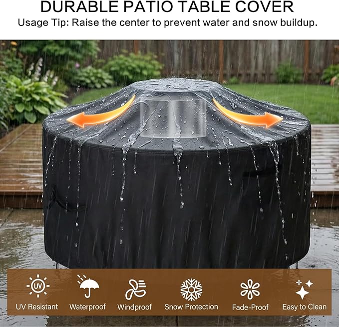 Haige Round Patio Furniture Cover 62" Dia x 34" H, Heavy Duty 600D Waterproof Patio Table Cover Round, Outdoor Furniture Cover Windproof, UV Resistant, with Handles & Air Vents, Black