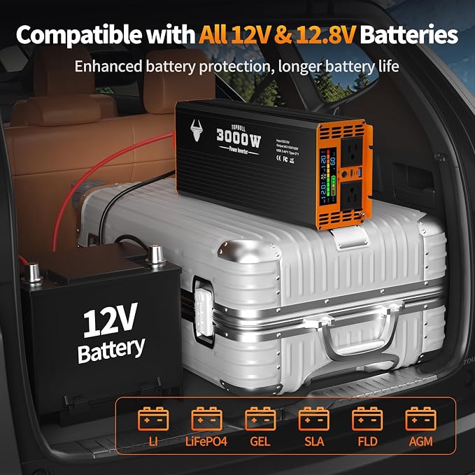 3000 Watt Power Inverter 12V DC to 120V/110V AC for Vehicles RV, Truck, Solar, Home, Off-Grid Car Converter Surge 6000W with 2 AC Outlet, USB-A Port, LCD Display, Remote Control and Cable Included