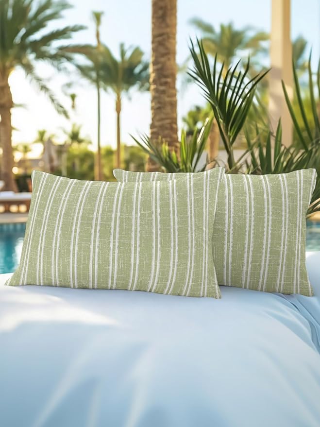 Waterproof Outdoor Pillow Set of 2 Sage Green Linen Striped Decorative Throw Pillows Cover & Insert 20x12 Inch Lumbar Pillowcase Vertical Stripes Lines Pillows for Couch Sofa Bed Patio Furniture