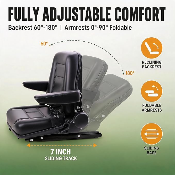 Universal Lawn Tractor Seat,Zero Turn Seat Replacement for Ariens IKON-XD | Waterproof PVC Thickened Foam Cushion Mower Seat with Seatbelt & Armrests,for Mini-Excavator,Forklift,Skid Loader