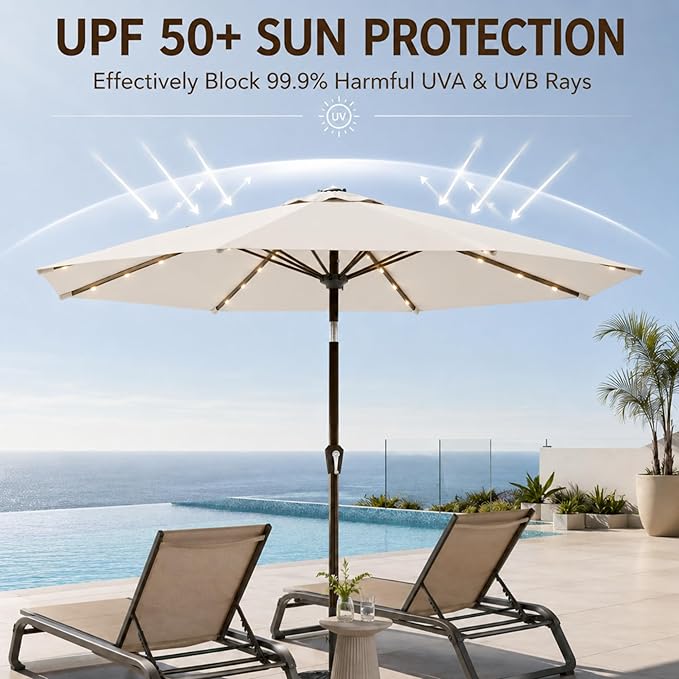 11FT Solar Lighted Patio Umbrella, Outdoor Table Market Umbrellas with Crank Lift, 32 LED Lights, 8 Sturdy Ribs, UV-Resistant for Deck, Garden, Pool