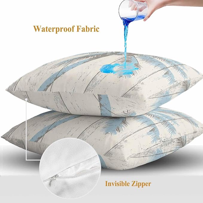 Palm Trees Outdoor Waterproof Throw Pillow Covers Set of 2, 16"x16", Light Blue Vintage Wood Grain Decorative Pillow Covers Outside Cushion Case for Patio Porch Garden