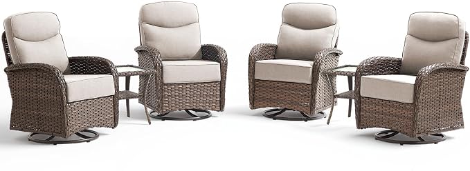 Luxury Wicker Patio Furniture Set with 6-Inch Thick Cushions, 6 Pieces Outdoor Swivel Rocker Patio Chairs Set of 4 with Rattan Side Table, Ooutdoor Patio Conversation Sets for Garden Porch Deck, Beige