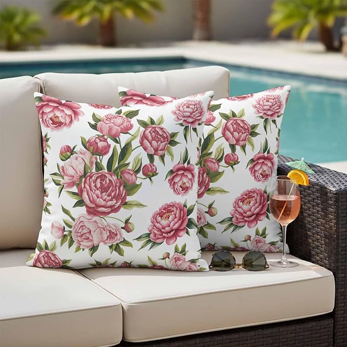 Pink Floral Outdoor Pillow Covers 20x20 Inch Throw Pillow Covers Set of 2 Waterproof Decorative Pillow Cases Pastoral Botanical Leaves Farmhouse Rustic Cushion Covers for Patio Furniture Garden Couch