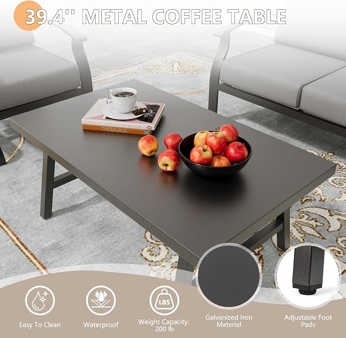 Metal Patio Furniture Set,4 Pieces 5 Seats Patio Sectional Outdoor Furniture Set with Rectangular Coffee Table,Patio Conversation Sets with 5.1" Thickened Cushions,GreyGrey