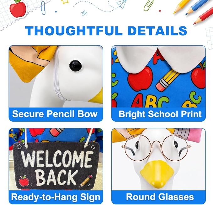 Porch Goose Back to School Outfit for 23 Inch Goose Statue, Teacher Style Classroom Goose Clothes with Pencil Bow, Round Glasses and Welcome Back Sign, Classroom Door Decor for Teachers