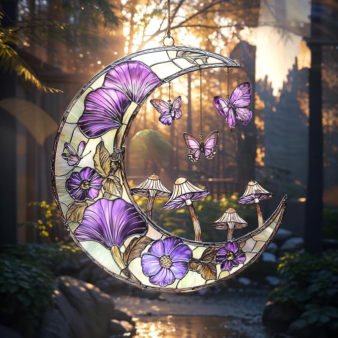 Crescent Moon Acrylic Suncatcher with Purple Flowers, Boho Suncatchers for Window Hanging Ornament, Art Garden Decor for Moon Lover, Gifts for Mother's Day, Mom, Grandma, Wife, Women, Nana