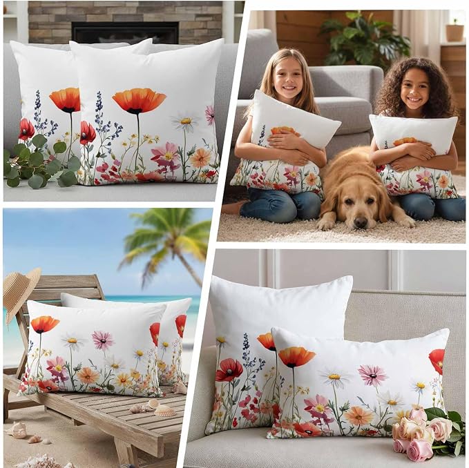Pastoral Flowers Outdoor Waterproof Throw Pillow Covers Set of 2, 26"x26", Colorful Daisy Floral Leaves Watercolor Decorative Pillow Covers Outside Cushion Case for Patio Porch Garden