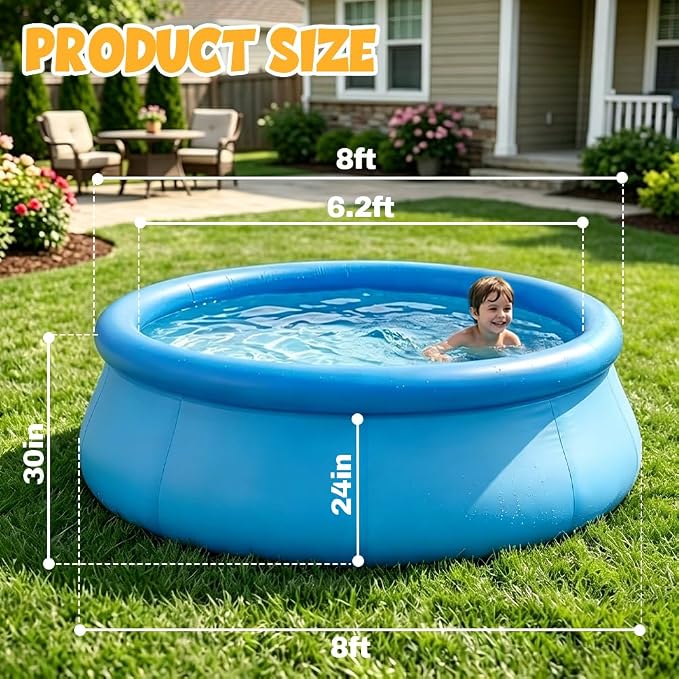 8FT x 30IN Inflatable Swimming Pool for Family - Large Round Blow Up Backyard Pool with Repair Patches & Accessories, Heavy-Duty Summer Water Party Favor