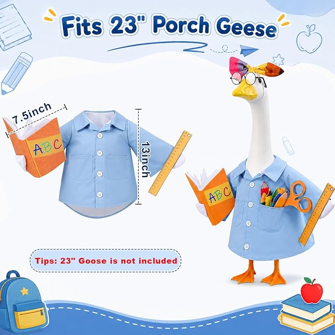 Teacher Porch Goose Outfit for 23 Inch Plastic Cement Goose Statue, Back to School Goose Clothes with Bows Hairband, Glasses & Felt Pencils, Classroom Porch Goose Costume for Yard Patio Lawn Decor